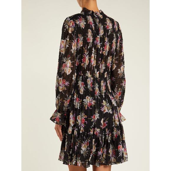 Rebecca Taylor Bouquet Silk Floral Smocked Mini Dress in Black | Size Small - Picture 6 of 10